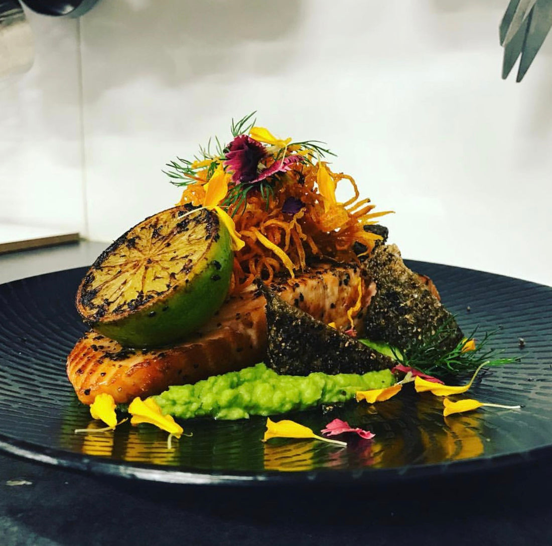Seared Crispy Skin Fish with Pancetta Bark and Rustic Pea mash
