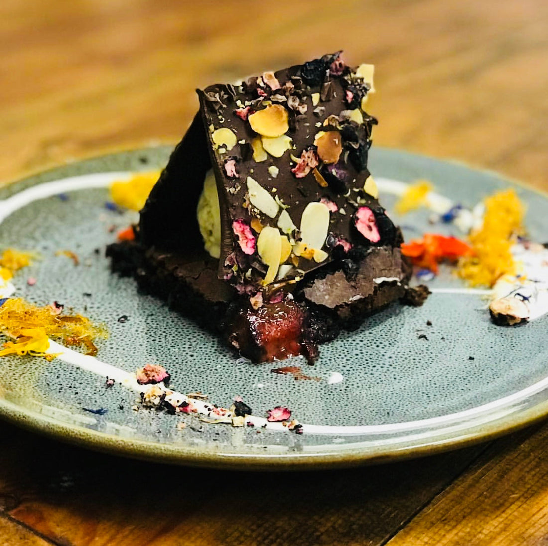 My famous Death by Chocolate Platter featuring spiced ras el hanout brownie and chocolate roof