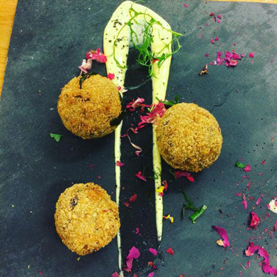 Porcini and basil Arancini with Verjuice mayo